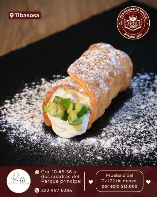 Tibasosa 🍰 Piatti Restaurante @piatti.restaurante ✨ Participante Oficial del Postre Fest Boyacá 2026 
📍Cra. 10 #5-56 a dos cuadras del Parque principal - Tibasosa
.
“Cannoli di Giardino”
Masa crocante rellena de queso ricotta con feijoa en tres preparaciones: crema concentrada, fruta macerada y terminado con feijoa fresca.
.
Pruébalo del 7 al 22 de marzo por solo $13.000 mil pesos en el lugar.
.
#postrefest #boyaca #postres #tibasosa