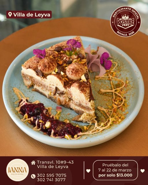 Villa de Leyva 🍰 Janna Repostería @jannart.cafe ✨ Participante Oficial del Postre Fest Boyacá 2026 
📍Transvl. 10#9-43 - Villa de Leyva
.
“💚 Tiramistachio con Frutos Andinos y Tierra Dulce de Boyacá”
Un postre que honra el origen, transforma la tradición y celebra el producto local.
Capas de bizcocho artesanal delicadamente humedecidas en café espresso boyacense, intercaladas con una sedosa crema de mascarpone y pistachos. 
Se acompaña de una salsa de frutos andinos (agraz, arándanos y moras silvestres) seleccionados de la tierra dulce de Boyacá, evocando nuestras raíces y la tradición campesina. 
Un espolvoreado de cacao y un delicado toque de matcha sellan esta creación que no solo se disfruta… se siente como el sabor de nuestra región elevado a la alta pastelería.
.
Pruébalo del 7 al 22 de marzo por solo $13.000 mil pesos en el lugar.
.
#postrefest #boyaca #postres #villadeleyva