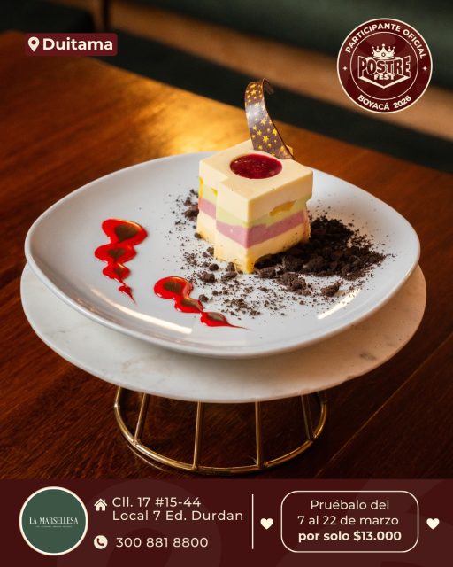 Duitama 🍰 La Marsellesa @la.marsellesa ✨ Participante Oficial del Postre Fest Boyacá 2026 
📍Cll. 17 #15-44 Local 7 Ed. Durdan - Duitama
.
“7th Sinfonía La Marsellesa”
Es un postre de Autor, donde las notas de diferentes sabores y texturas se combinan para generar un concierto de sensaciones tanto a la vista como al paladar del comensal.
.
Pruébalo del 7 al 22 de marzo por solo $13.000 mil pesos en el lugar.
.
#postrefest #boyaca #postres #duitama