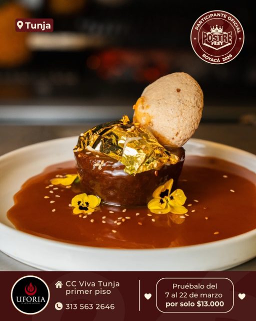 Tunja 🍰 Uforia @uforia_col ✨ Participante Oficial del Postre Fest Boyacá 2026 
📍CC Viva Tunja primer piso- Tunja
.
Uforia Gold – Instinto y Fuego
En Uforia creemos que los mejores sabores nacen del instinto, de ese momento en que el fuego transforma los ingredientes y despierta algo primitivo en nosotros.
Este postre es nuestra interpretación de ese impulso creativo. Comienza con un caramelo profundo de miso y whisky Buchanan’s 18, donde el calor revela notas salinas, dulces y tostadas. Sobre él descansa un bizcochuelo de miso y café que aporta intensidad y carácter.
En el centro aparece una crema diplomática de café, suave y aromática, que envuelve el paladar y conecta todos los sabores. A su lado, un helado de mantequilla de maní coronado con hoja de oro representa ese instante de euforia: un contraste frío, cremoso y brillante.
Finalmente, un merengue crujiente de ajonjolí aporta textura y recuerda el fuego que transforma y eleva cada ingrediente.
Este postre es fuego, instinto y equilibrio. Una experiencia que busca despertar los sentidos y llevar al comensal a ese punto donde el sabor se convierte en euforia.
.
Pruébalo del 7 al 22 de marzo por solo $13.000 mil pesos en el lugar.
.
#postrefest #boyaca #postres #tunja