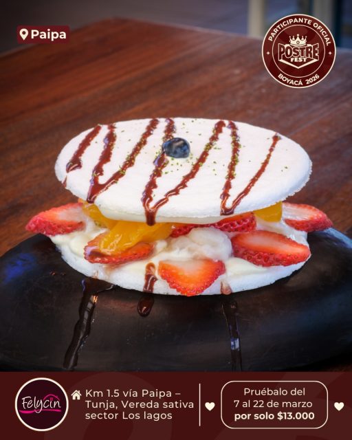 Paipa 🍰 Felycín @felycinpaipa ✨ Participante Oficial del Postre Fest Boyacá 2026 
📍Km 1.5 vía Paipa – Tunja, Vereda sativa sector Los lagos
.
“Merengón Felycin”
Un postre que conquista a primera vista y enamora al primer bocado.
Nuestro Merengón combina capas crujientes de merengue artesanal con una generosa mezcla de fresa fresca, guanábana y melocotón, creando un equilibrio perfecto entre dulzura y frescura tropical.
La suavidad de la crema chantillí envuelve cada capa, aportando ligereza y cremosidad, mientras las frutas aportan ese toque jugoso y natural que lo hace irresistible.
Es un postre fresco, ideal para compartir en familia o disfrutar como el cierre perfecto de una experiencia dulce en Felycin.
✨ Crujiente por fuera, suave por dentro… y absolutamente, delicioso.
.
Pruébalo del 7 al 22 de marzo por solo $13.000 mil pesos en el lugar.
.
#postrefest #boyaca #postres #paipa